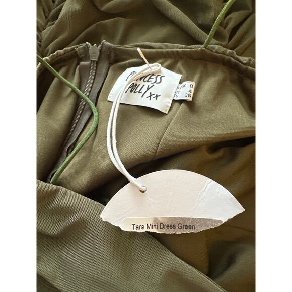 Princess Polly Tara Ruched Spaghetti Strap Olive Green Mini Bodycon Dress Size 4 - Picture 11 of 12